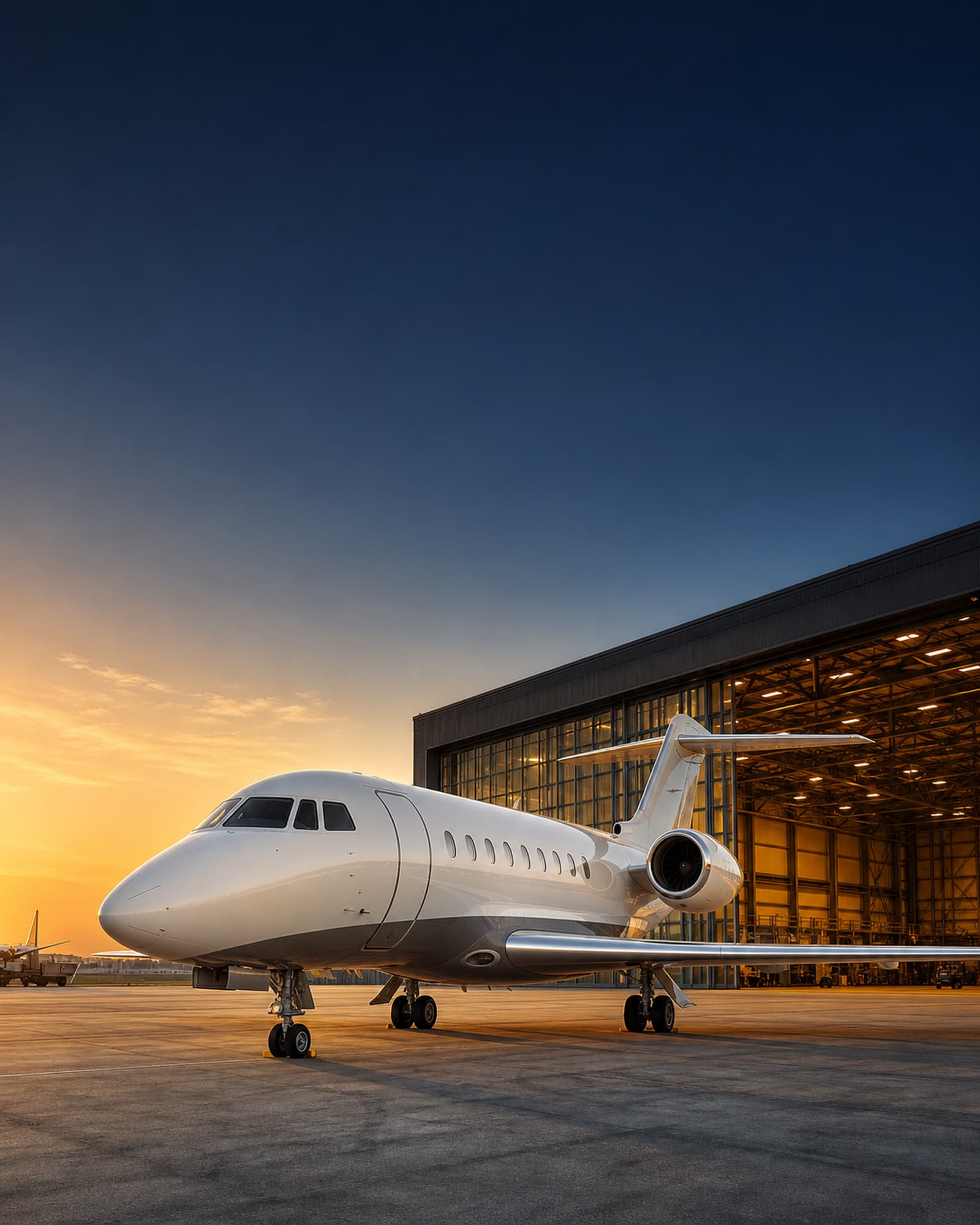 Commercial aircraft on the apron at golden hour